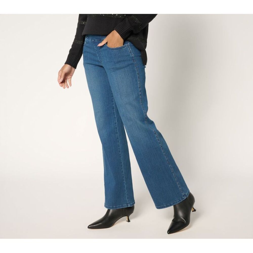 Truth + Style Women's Petite Pants 16P Primabelle Denim Studded Wide Blue